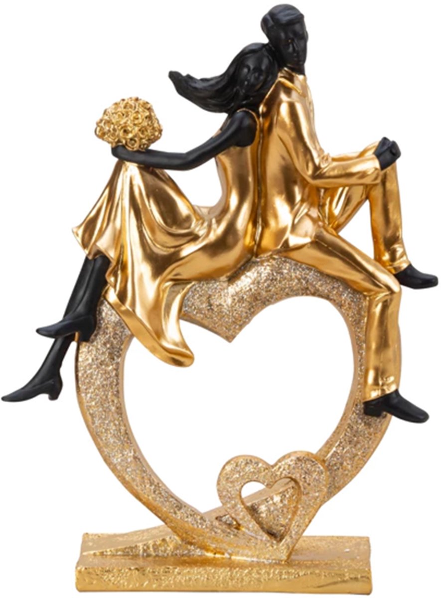 Beeld Koppel zittend op hart goud/zwart, hoogte: 33cm, breedte: 24,5cm liefdeskoppel beeld romantisch beeldje goud zittend koppel sculptuur hart beeld decoratie liefde beeld goud zwart polyresin koppel beeld romantische woondecoratie