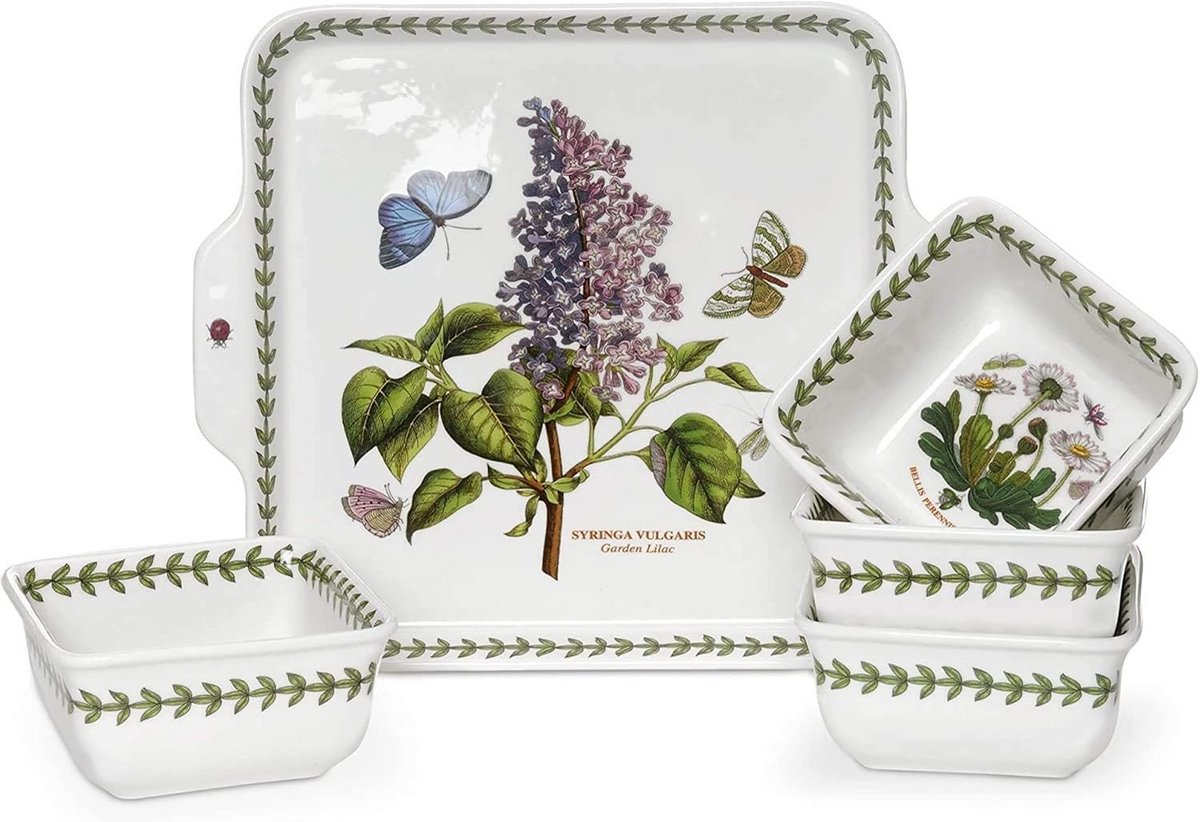 Set van 5 Porseleinen Schalen met Bloemmotief - Inclusief Dienblad met Handvat