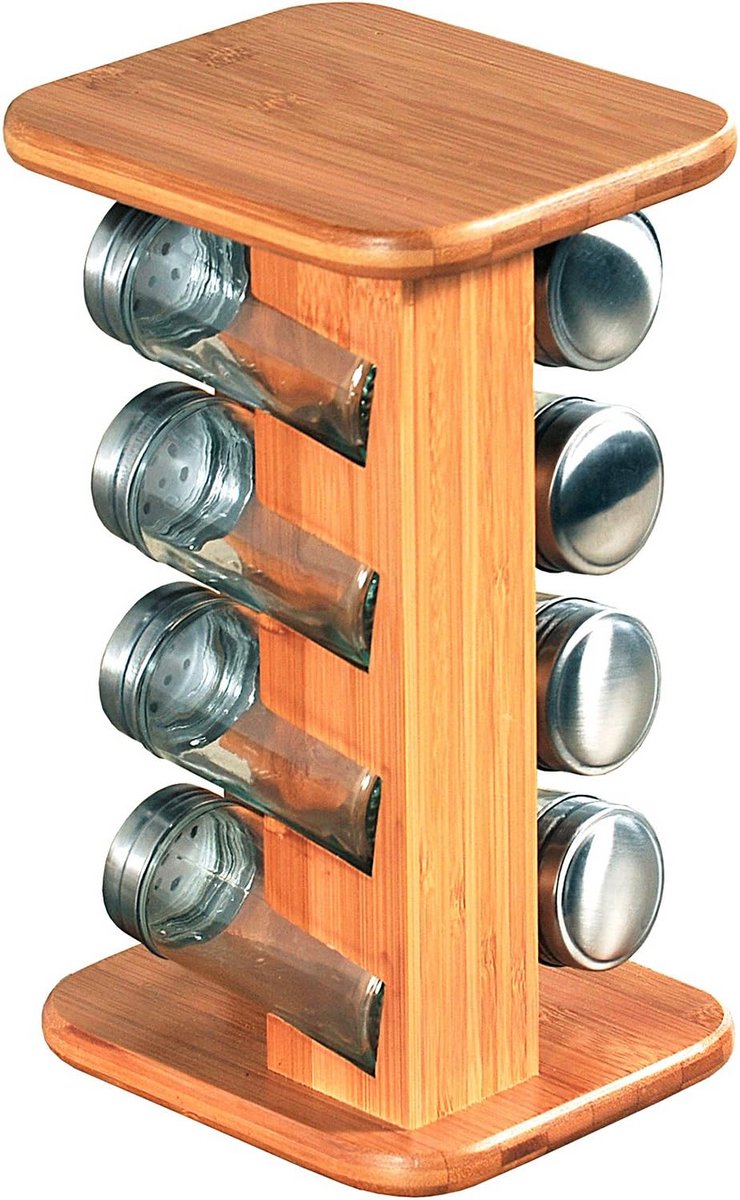 Bamboe Kruidenkarrousel met 8 Glazen Potjes 15 x 25,5 x 13 cm
