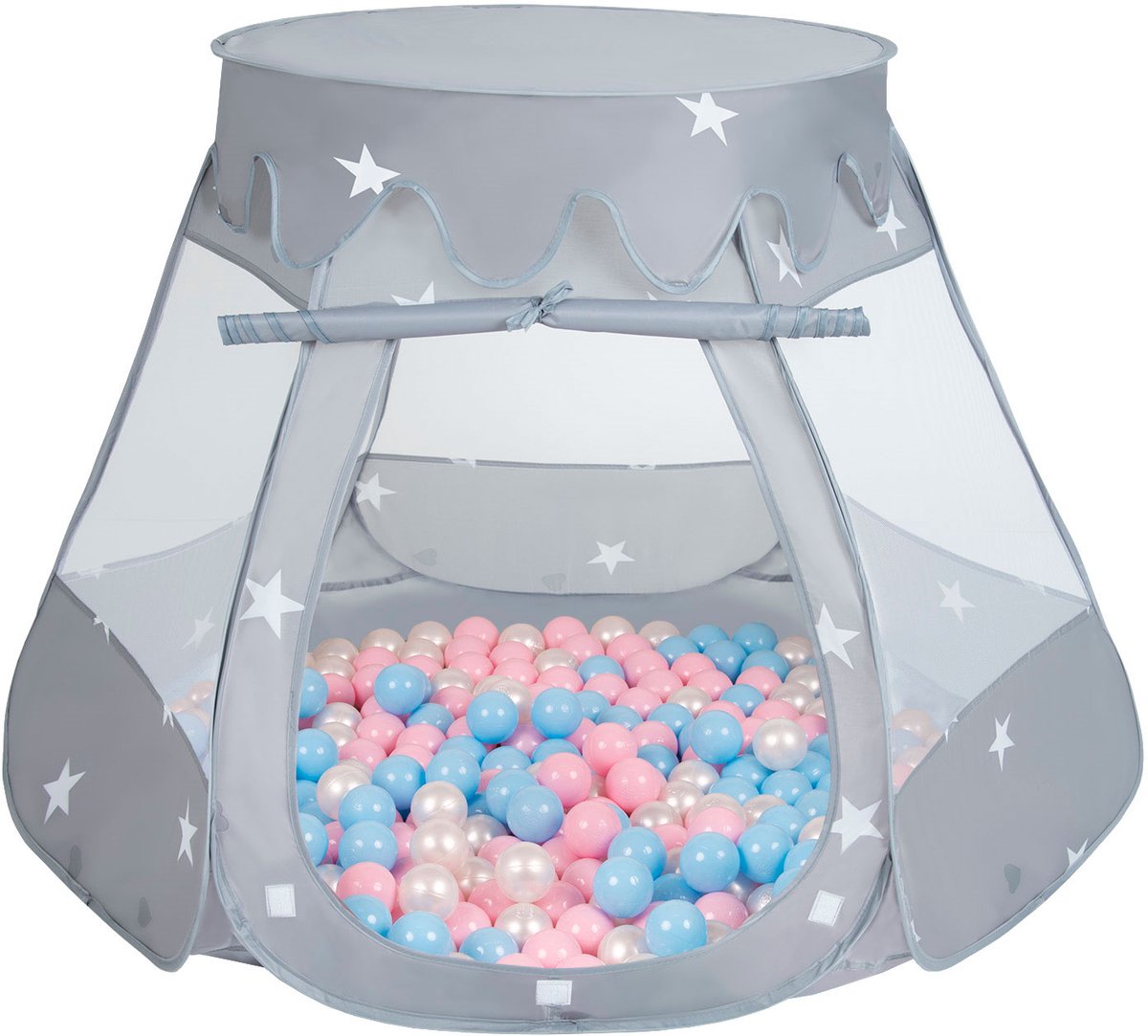 Selonis Pop Up Kasteeltent Grijs Voor Kinderen - 300 Ballen Speeltent - Binnen En Buiten Speelhuisje - 105x90 cm - Babyblauw Poederroze Parel