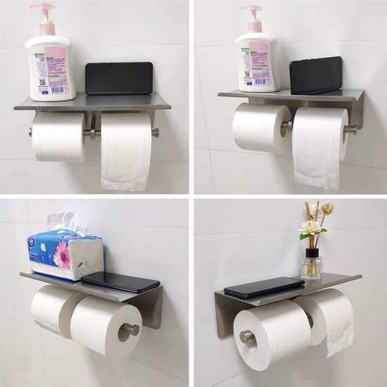 Dubbele toiletrolhouder - dubbele toiletpapierrolhouder met plank, lijm zonder boren of wandmontage, roestvrij staal gepolijst chroom
