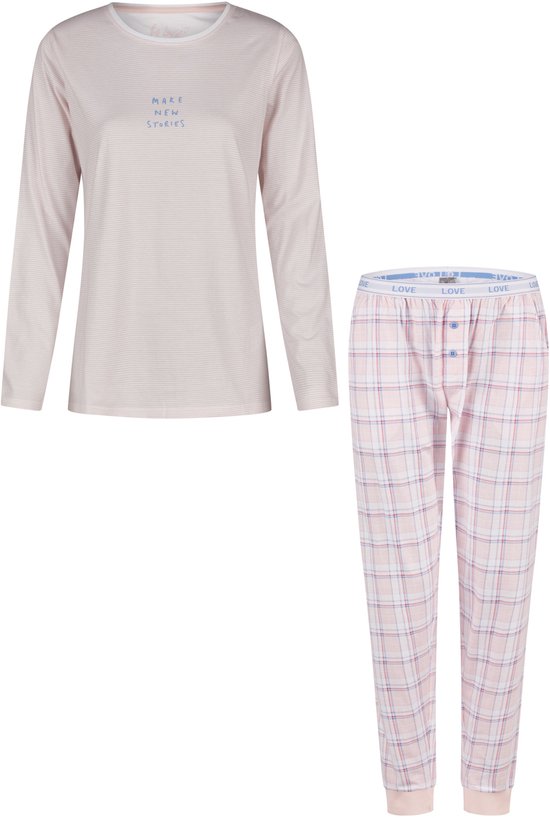 By Louise Dames Pyjama Set Lang Roze Geruit - Maat S