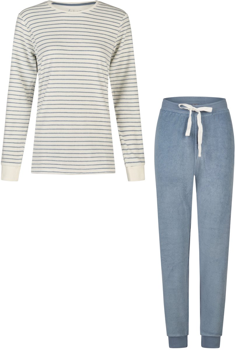 By Louise Dames Winter Pyjama Set Lang Badstof Wit/Blauw Gestreept