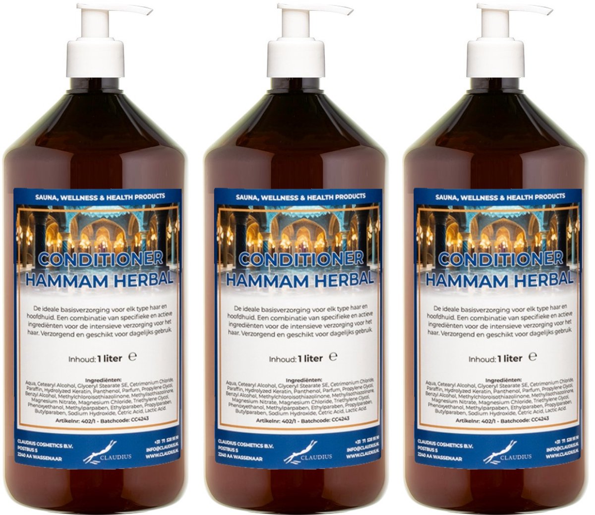 Hairconditioner Hammam Herbal 1 liter met 3 witte pompen - set van 3 stuks