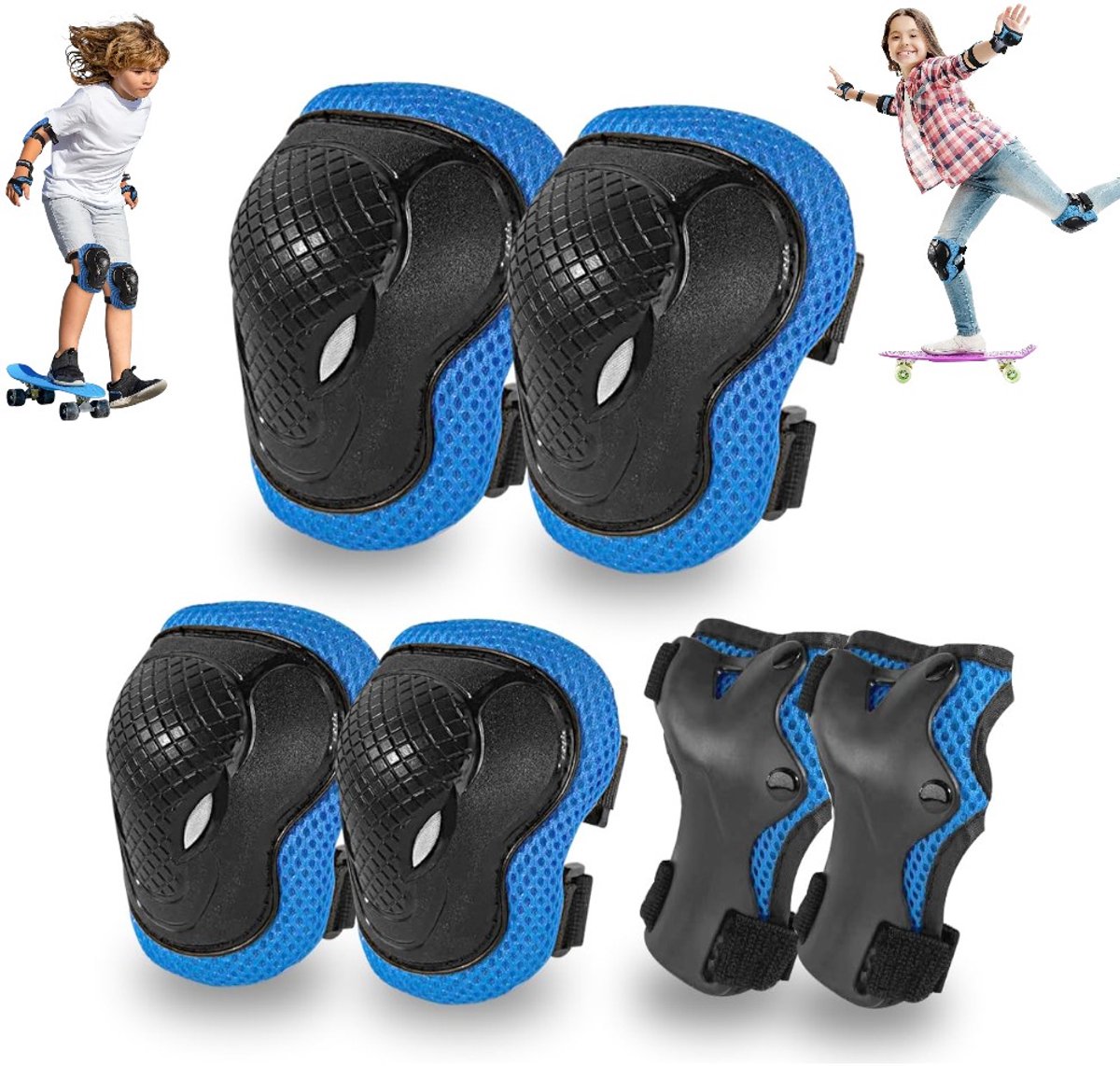 Kinder Beschermingsset – Knie, Elleboog en Polsbeschermers – Complete 6-Delige Set – Verstelbaar met Klittenband – Voor Skateboarden, Rolschaatsen en Fietsen – Leeftijd 4-12 Jaar – Blauw