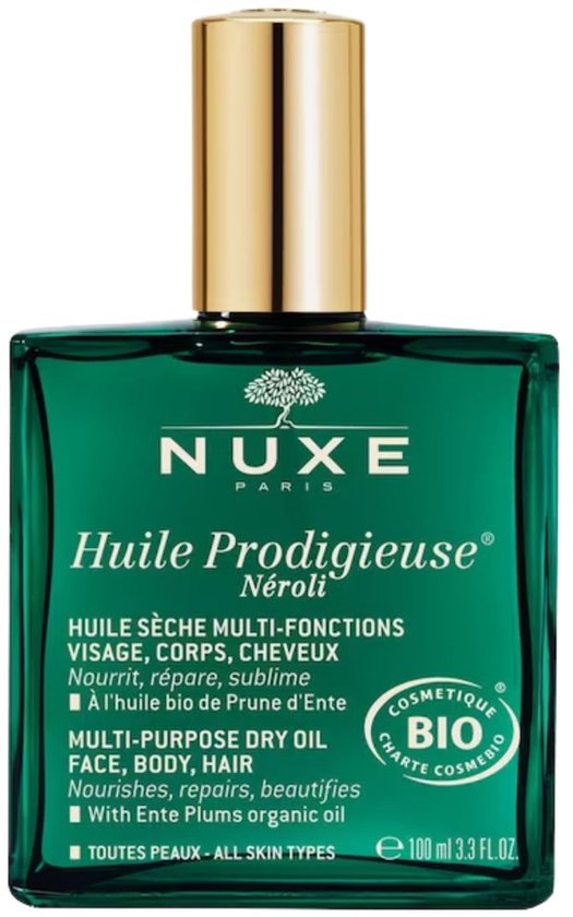 Groene Nuxe Huile Prodigieuse Néroli fles met gouden dop. Bevat 100ml.