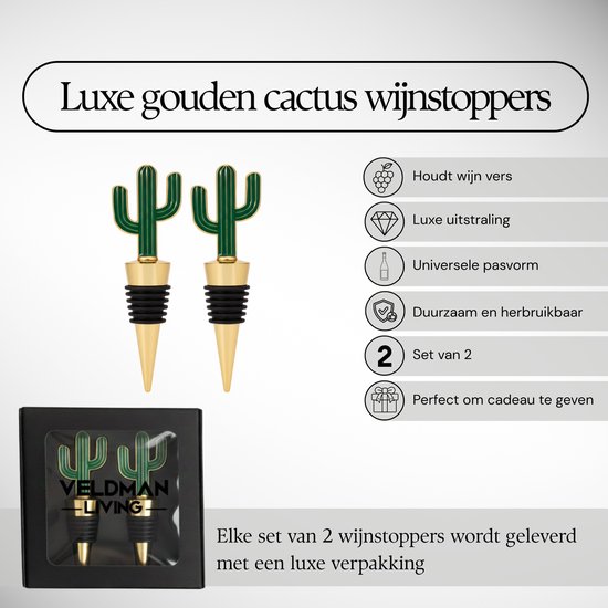 Luxe gouden cactus wijnstoppers, set van 2, in luxe verpakking.