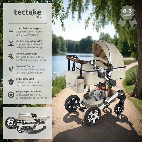 tectake® Multifunctionele Kinderwagen Mats - 2-in-1 Babywagen inclusief voetenzak, regenhoes, flessenhouder en opbergmand - Wandelwagen met 15kg draagkracht - Opvouwbaar met 5-puntsgordel - Grijs/Beige van TecTake — afbeelding 2
