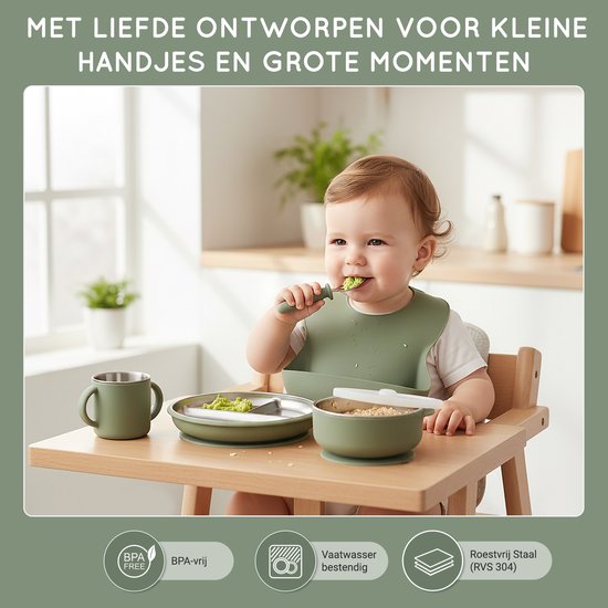 BIMOU 11-delige baby eetset - kinderservies set RVS & siliconen BPA-vrij - bord, bestek, drinkbeker & slab - duurzaam kraamcadeau - vanaf 6 maanden van BIMOU — afbeelding 4