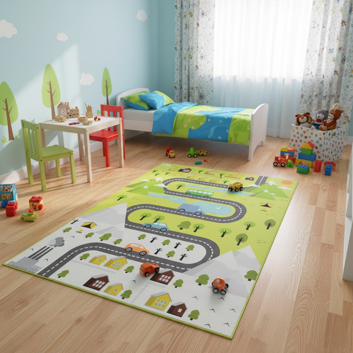 Tapiso Joy Vloerkleed Kinderkamer Kindertapijt Grijs-Groen Autokleed Straat Speelkleed voo