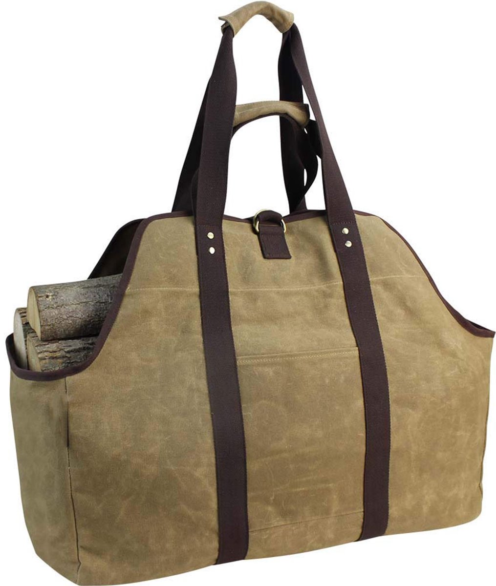 Houtmand - Canvas - 60*30*50 cm - Khaki - Houtopslag - Met 2 Handvatten - Haardhout Mand - Houtmand voor binnen- Haardmand - Haardhoutopslag - Brandhout mand - Opbergtas - Grote capaciteit - Geschikt voor open haarden en kachels