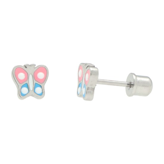 La Rosa Princesa Boucles d'oreilles papillon couleur argent pour fille – Acier chirurgical 316L – Hypoallergénique – Fermeture à vis – 6 mm