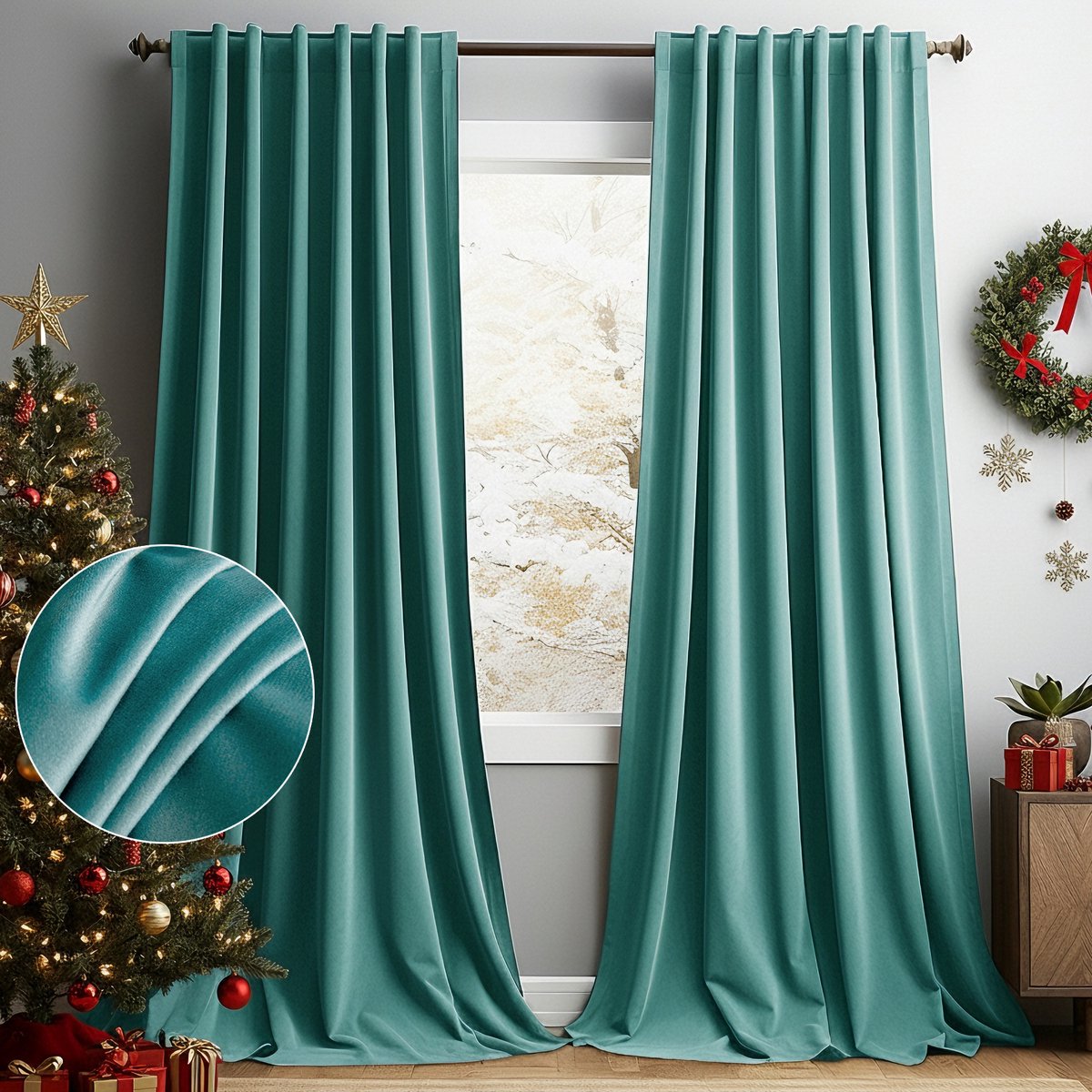 MUPOO Set van 2 Verduisterend Gordijnen - Koude Bescherming - Isolerende - Hoge kwaliteit Fluweel - voor Kerst - Winter - Feest - Slaapkamer - Woonkamer - 132x305cm (b x h) - Blauwgroen