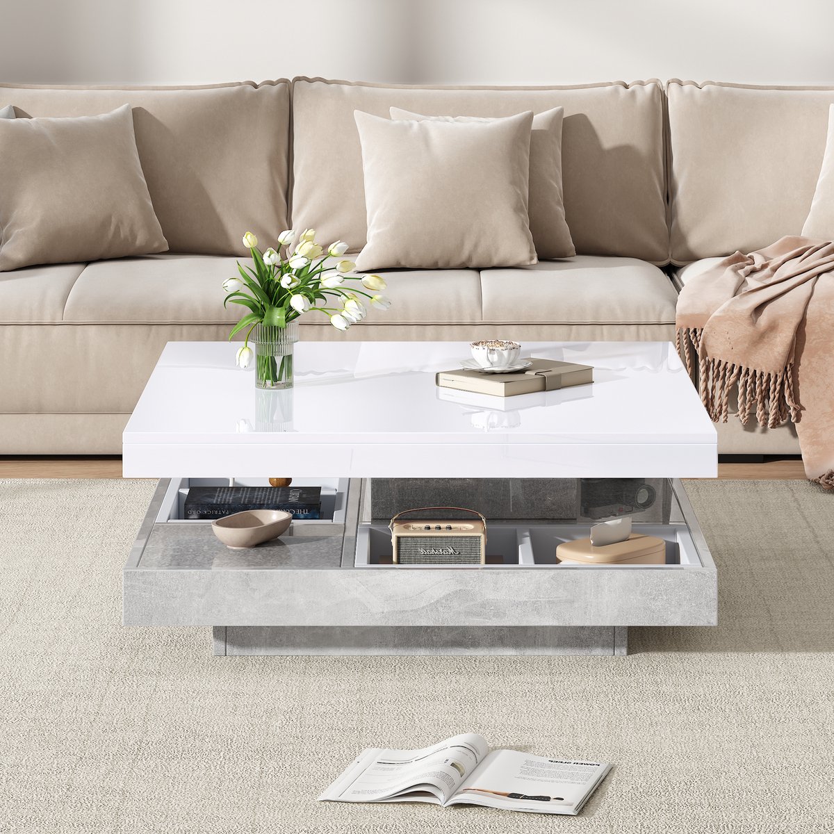 MODFU Salontafel 70*70*36cm van spaanplaat, wit met marmerkleurige sokkel, hoogglans bovenblad, 360° draaibaar