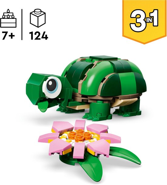 Een groene LEGO-schildpad met grote ogen en een roze waterlelie. '3in1' staat in een gele cirkel.