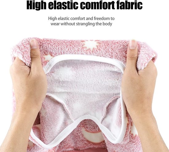 Detail van roze hondenpyjama stof. Hoge elastische comfortstof.