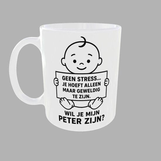 Mug Humour Amusant Mug à Café original cadeau Peter avec texte "Pas de stress....." veux-tu être mon parrain H 9,5cm Diamètre 8cm 350ml Céramique