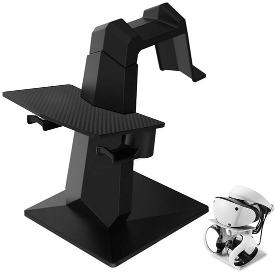 Zwarte VR headset standaard met een opladerhouder en een headset op de standaard.