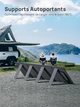 Zwarte, zelfdragende steunen met vier zonnepanelen erop, opgesteld op een parkeerplaats met uitzicht op zee.