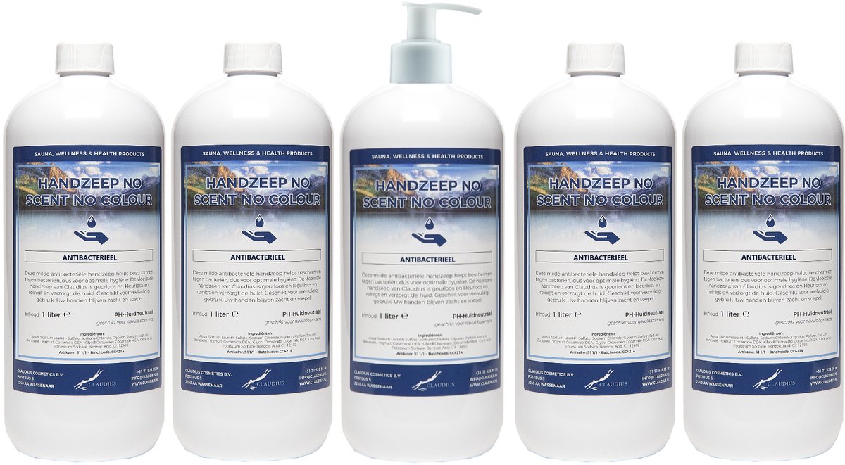 Handzeep No Scent No Colour 1 liter - set van 5 stuks - met gratis pomp - Voordeelverpakking
