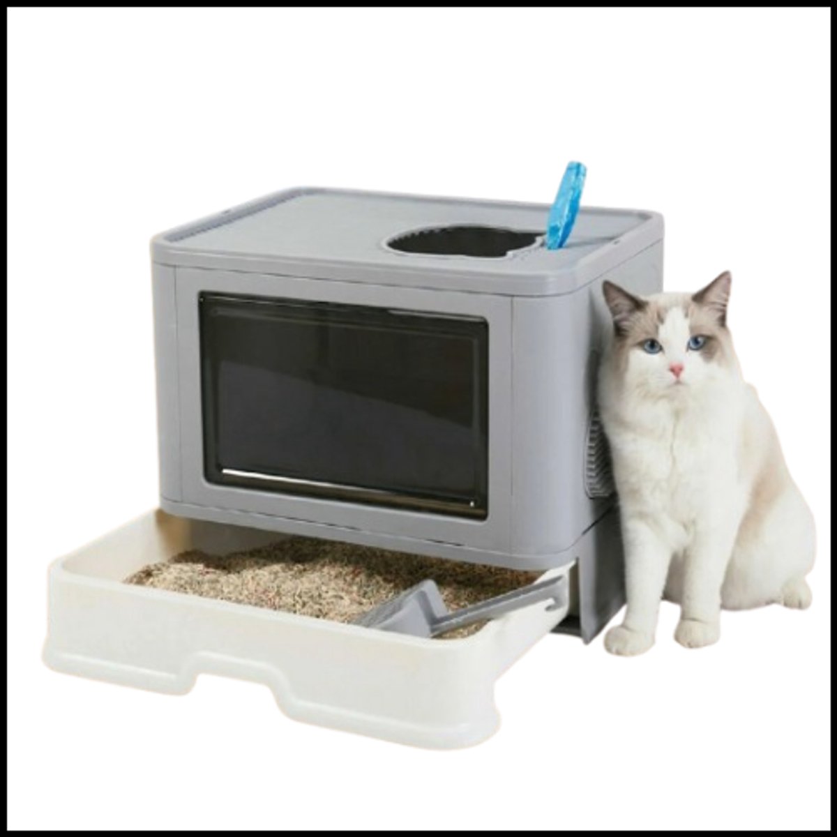 Grote kattenbak met kap – Lade ontwerp – Boveningang – Anti-splash – Gemakkelijk schoon te maken – Inclusief schep – Voor katten tot 10 kg – Grijs/wit Grote kattenbak met kap – Lade ontwerp – Boveningang – Anti-splash – Gemakkelijk schoon te maken – Inclusief schep – Voor katten tot 10 kg – Grijs/wit