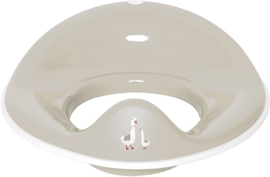 Lichtbruine toiletverkleiner met witte rand en een opdruk van twee ganzen.
