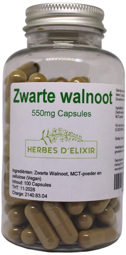 Glazen pot met "Zwarte walnoot 550mg Capsules" etiket. Bevat 100 veganistische capsules.