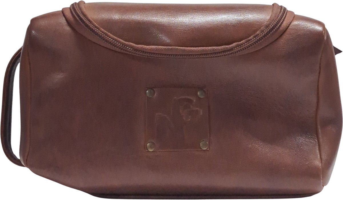 Landleder - Toilettas - "Naturgewalt" - Leer - afmeting 25 x 12 x 15 cm. - Cognac