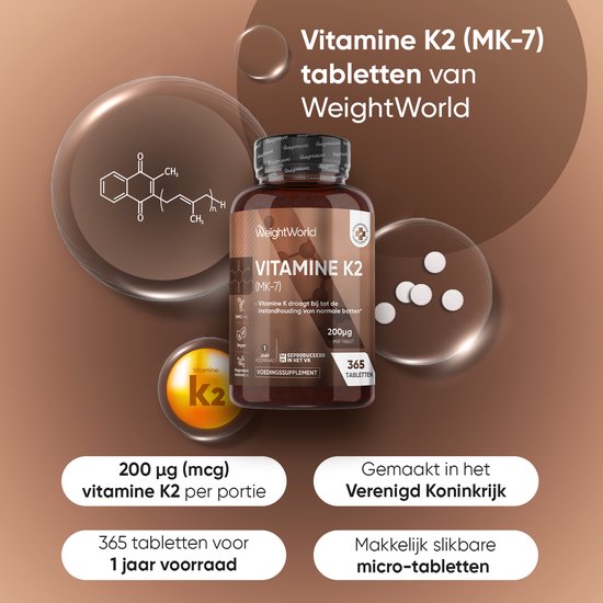 Bruine fles WeightWorld Vitamine K2 (MK-7) tabletten. Visuele weergave van 200 mcg vitamine K2, 365 tabletten en 'Gemaakt in het Verenigd Koninkrijk'.
