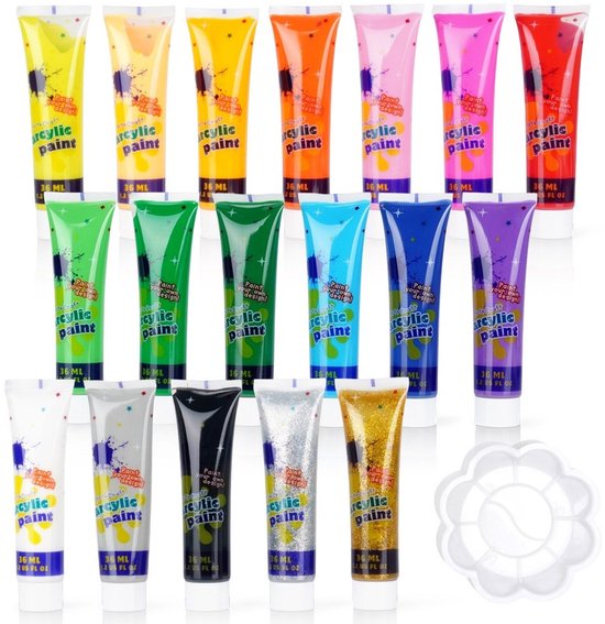 Verschillende kleuren acrylverf tubes, geel, oranje, roze, rood, groen, blauw, paars, zwart, zilver en goud, 36 ML.