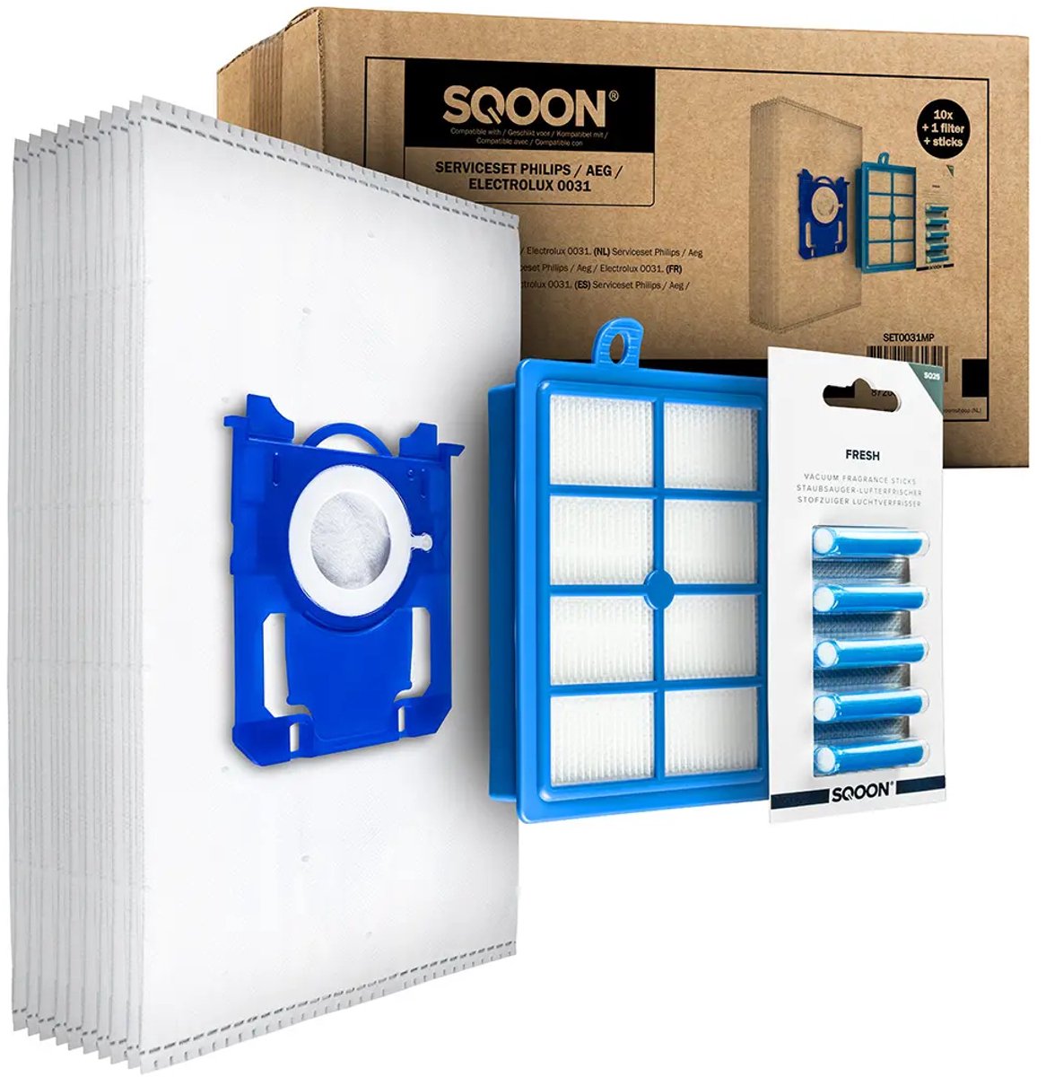 SQOON® Serviceset geschikt voor Philips, AEG, Electrolux stofzuigers - Gelijk aan model: FC8031 - Met HEPA-filter en geurstaafjes voor schone en frisse lucht tijdens het stofzuigen