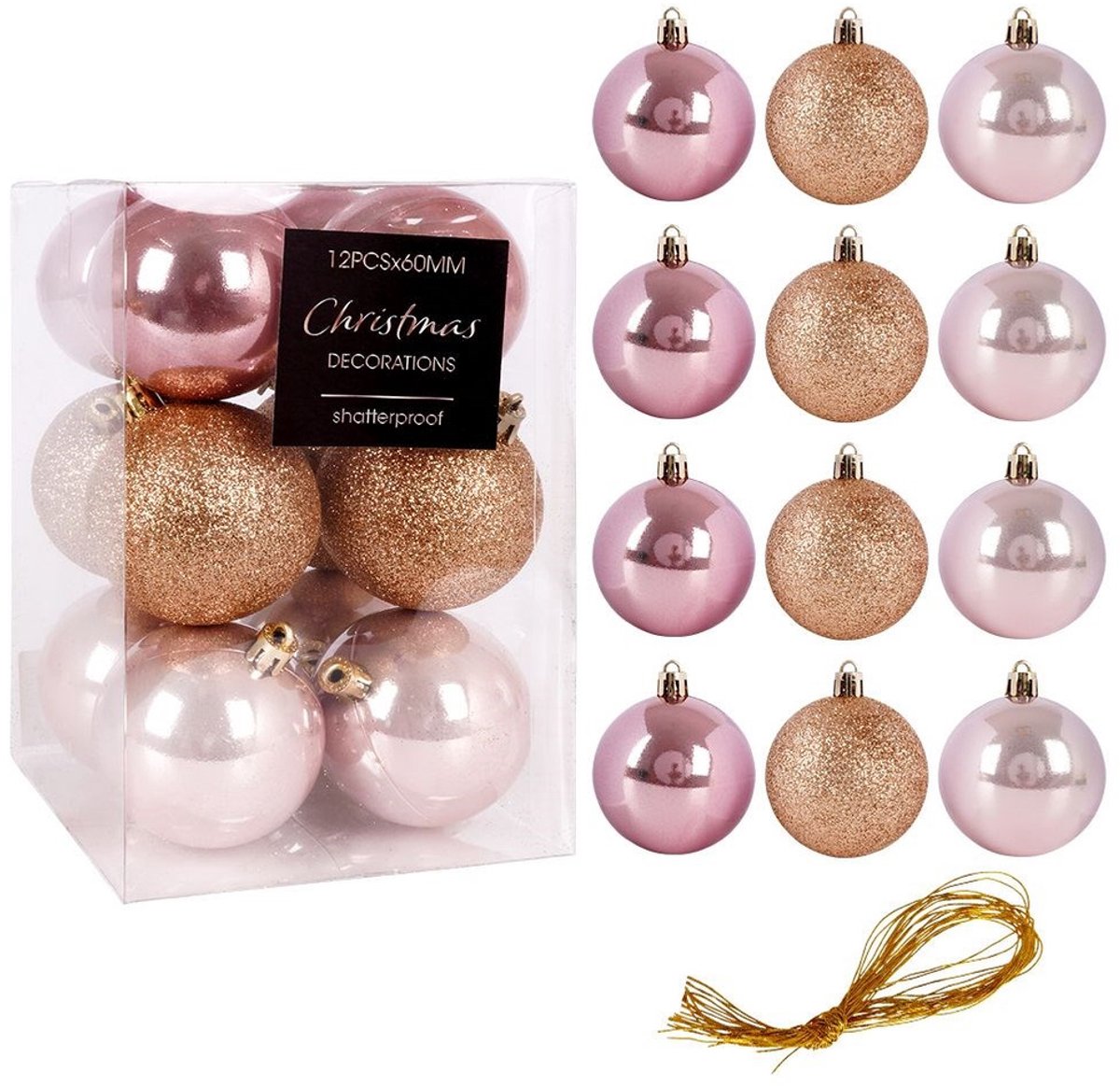 12 stuks Mondex Kerstballen Ø6 cm - Goud/Roze - Glanzend/Glitter