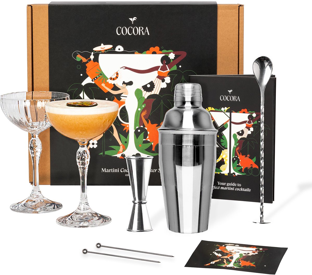 Cocora Mocktail Pakket - 9-delige RVS Cocktail Set - Cocktailshaker - Martini Glazen - Mocktails Boek met alcoholvrije cocktails recepten (Pornstar, Espresso Martini) - Zilver