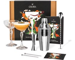 Cocora Mocktail Pakket - 9-delige RVS Cocktail Set - Cocktailshaker - Martini Glazen - Mocktails Boek met alcoholvrije cocktails recepten (Pornstar, Espresso Martini) - Zilver