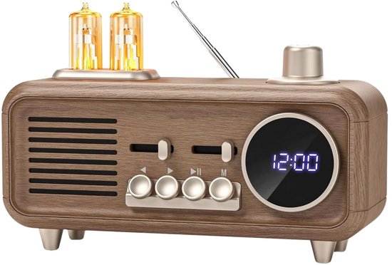 Retro klokradio speaker met buizenlamp, digitale klok, nachtlamp, 7W audio, FM radio, Bluetooth 5.4, TWS