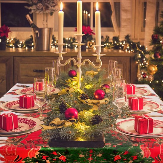 ANRO Tafelkleed kersttafelkleed afwasbaar waxdoek Christmas rood beige rond 140cm