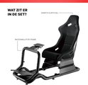 Zwarte racestoel en zwart racesimulator frame. De set bevat een zwarte kuipstoel en een racesimulator frame.