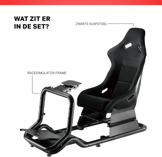 Zwarte racestoel en zwart racesimulator frame. De set bevat een zwarte kuipstoel en een racesimulator frame.