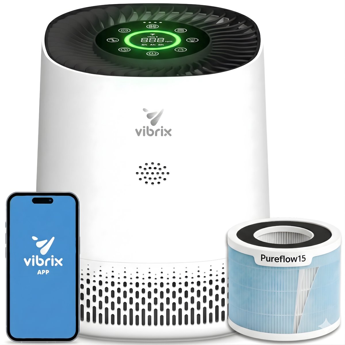 Vibrix PureFlow15 Luchtreiniger - 100m3/u - Air Purifier met Ionisator - Hepa Filter + Koolstof Filter - Luchtfilter tegen stof, hooikoorts, allergie en huisstofmijt - Slaapstand en luchtkwaliteit indicator