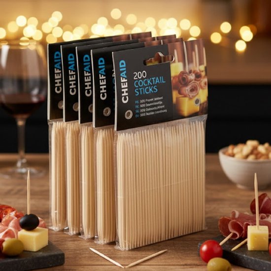 Chef Aid cocktailprikkers, 200 stuks verpakt. Bamboe, 8 cm lang.