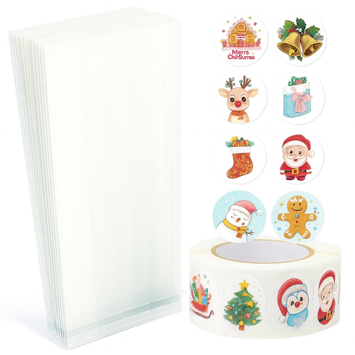 25x Uitdeelzakjes met Kerst stickers | 220 x 90 mm | Traktatiezakjes | Kinderfeestje | Cellofaanzakjes | Cadeauzakjes | Snoepzakjes | Plastic Zakjes | Uitdeelzakjes kinderen | Cadeauzakjes Kinderen | Verpakkingszakjes Uitdeelcadeaus