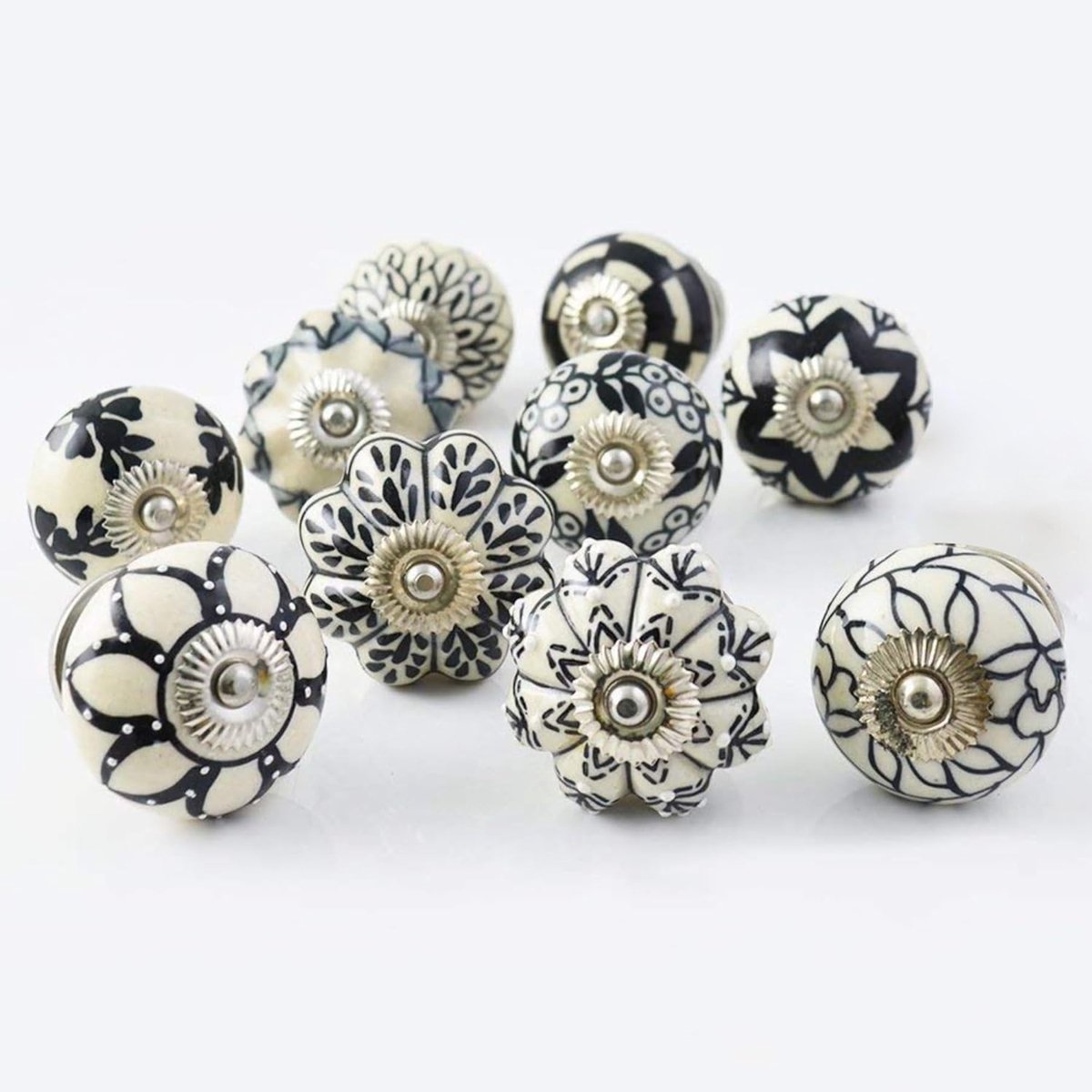 Candala Keramische Knoppen Vintage Zwart en Wit Handgeschilderde Pompoen en Ronde Keukenkastjes Laden Kasten Decoratieve Handgrepen Handgrepen Set van 10