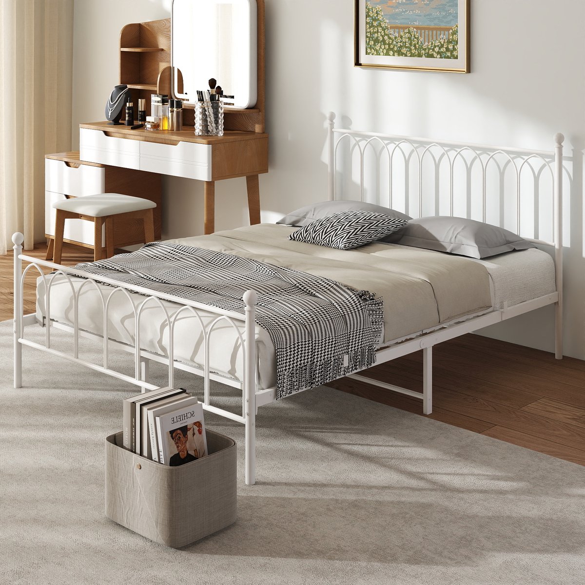 REDOM Metalen Tweepersoonsbed – 140x200 cm – Met Stalen Lattenbodem – 27 cm Opbergruimte – Wit – Stijlvol en Stevig