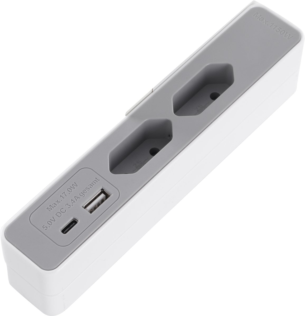 Q-Link stekkerdoos - sofa - 2 x euro - USB A/C - met platte stekker - 2 m - wit/grijs