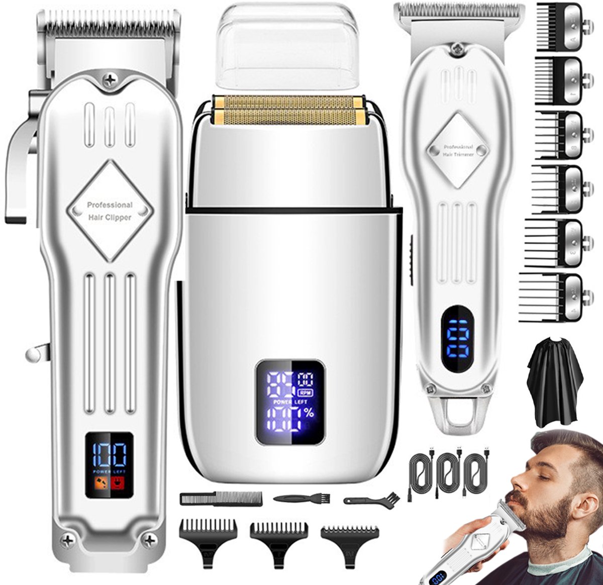 OKWISH Tondeuses - Haar Tondeuse Set voor Thuis met Trimmer Set, Draadloze Oplaadbare Tondeuse, Professionele Kapsel Tondeuse, Metaal Roestvrij Staal, Wit