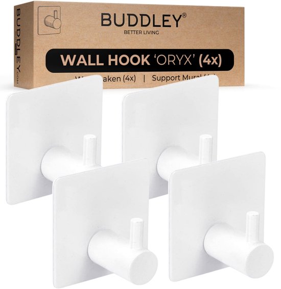Vier witte BUDDLEY 'Oryx' wandhaken met vierkante plakstrips en ronde haken.