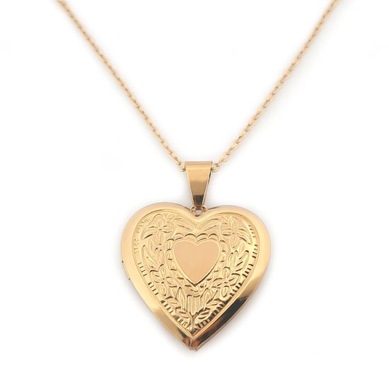 Stalen dames collier - locket - medaillon - goudkleurig - ketting met rvs hanger - hart - voor foto of haarlok