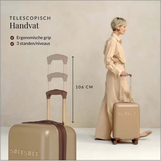 Model met beige koffer en uitschuifbaar handvat (max 106cm) met ergonomische grip.