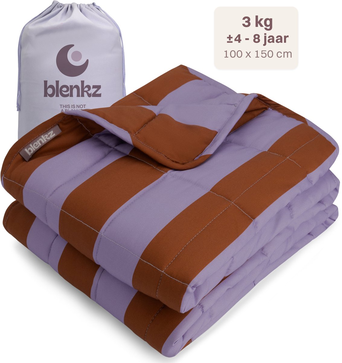 BLENKZ – Verzwaringsdeken Kind 3 kg – 100×150 cm – Kinderformaat – Voor kinderen van ±4–8 jaar – Big Stripe Purple Brown – Zwaartedeken