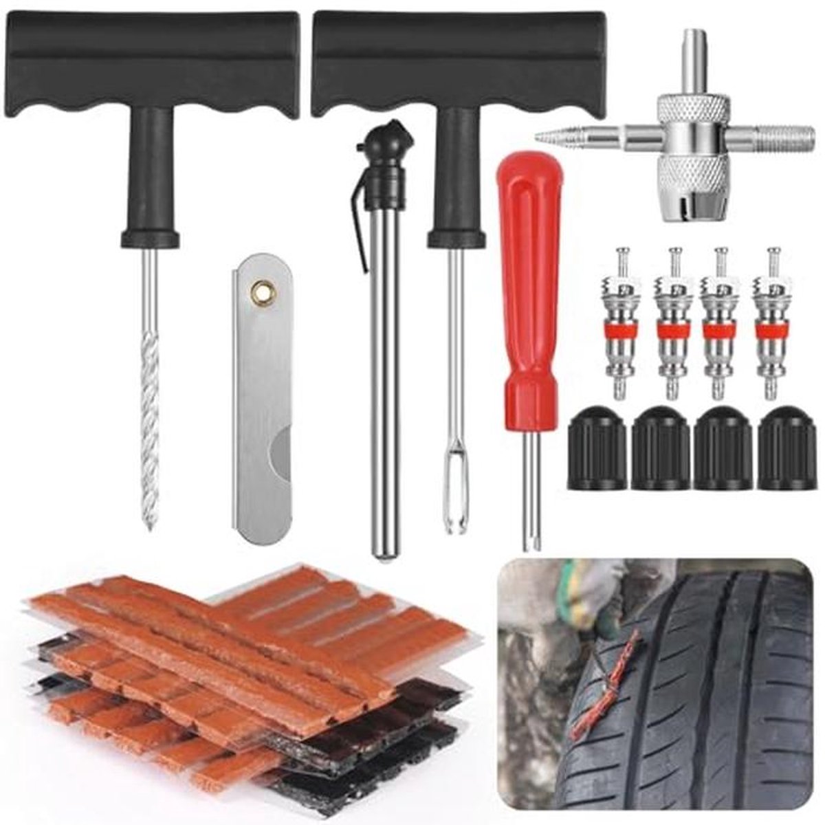 37-delige Bandenreparatieset voor Auto, Fiets en Motor met Bandenspanningsmeter